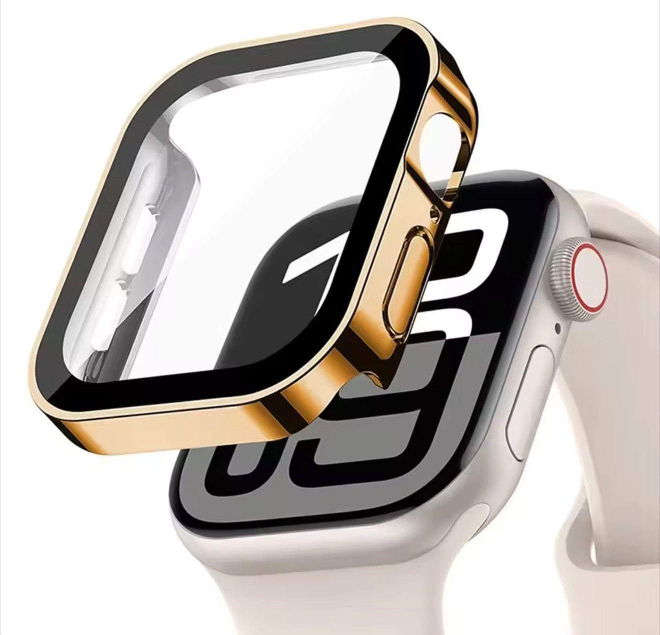Metallic Apple Watch Covers w/ tempered glass (black, silver, gold)