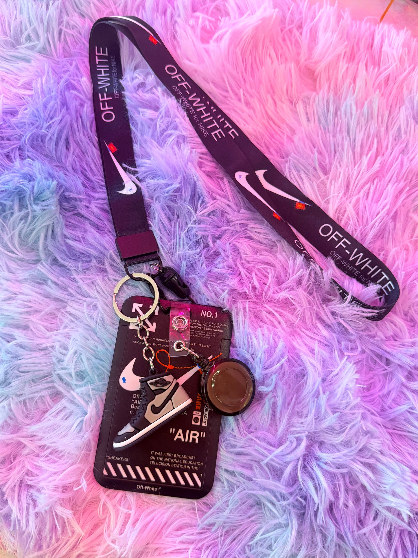 Off White Lanyard + Badge Holder with Retractable Reel & Keychain