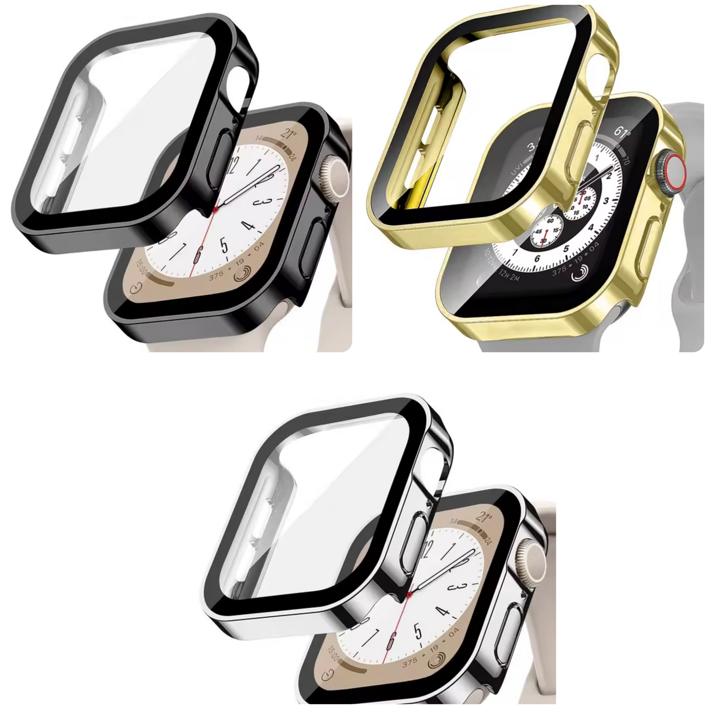 Metallic Apple Watch Covers w/ tempered glass (black, silver, gold)